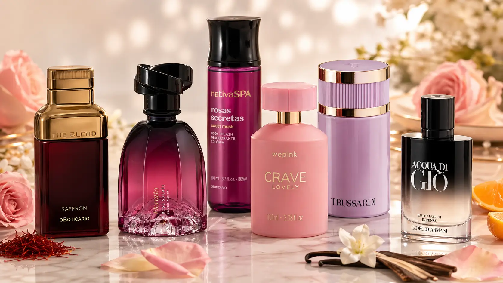 Lançamento de perfumes com frascos desejados de abril 2026 em composição elegante com flores, baunilha, açafrão e notas cítricas.