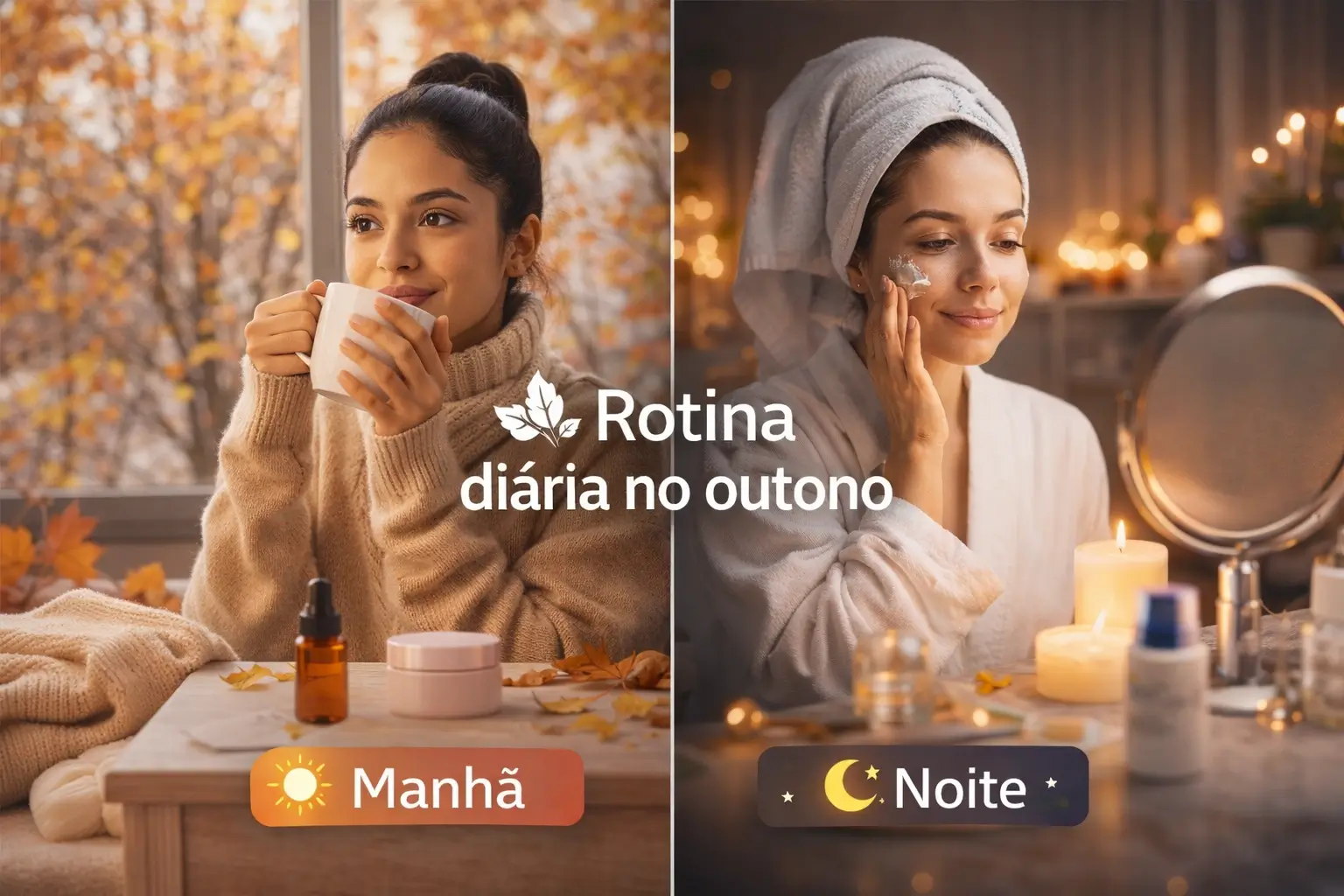Rotina diária no outono com checklist de manhã e à noite para beleza em imagem horizontal estilo Discover.