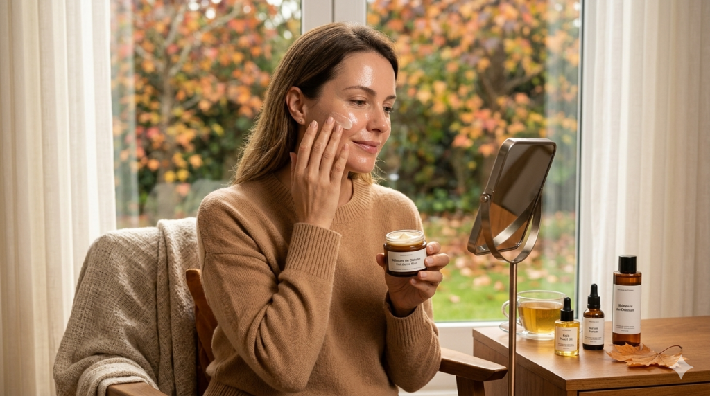 Mulher de meia-idade aplicando hidratante facial rico e suave, sentada perto de uma janela com vista de outono desfocada. Ela usa tricô e segura um pote de creme minimalista com a etiqueta 'Skincare no Outono | Hidratante Rico'
