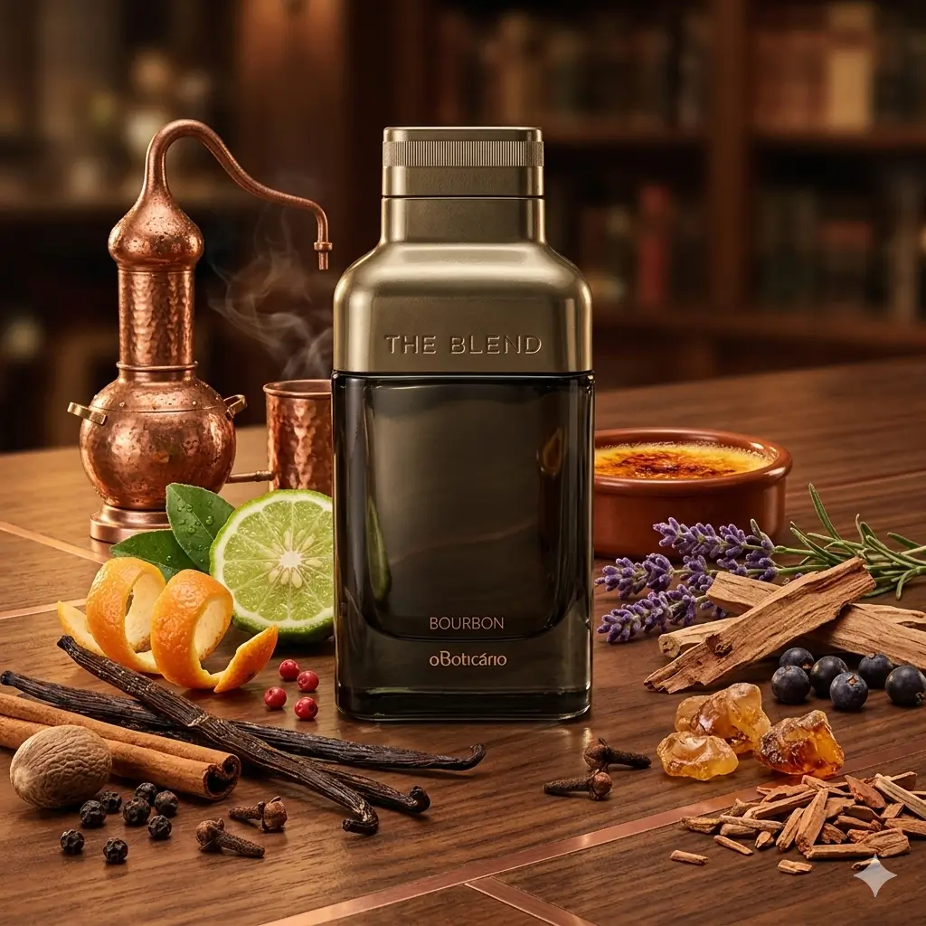 The Blend versões com destaque para The Blend Bourbon em imagem com cítricos, especiarias, lavanda, baunilha e madeiras.