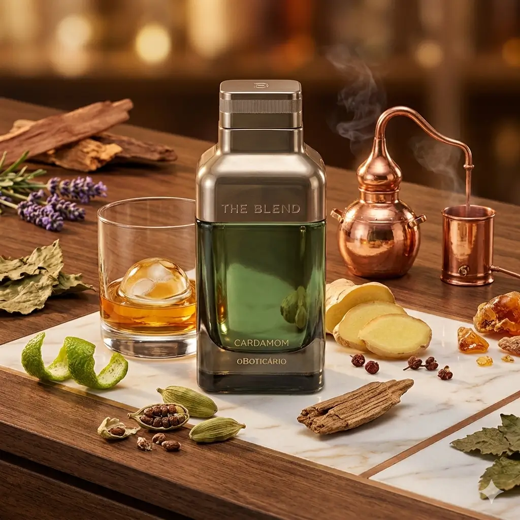 Fotografia realista do frasco verde do perfume The Blend Cardamom, uma das mais frescas the blend versões, cercado por ingredientes como cardamomo, gengibre, lavanda e um copo com acorde licoroso de whisky.