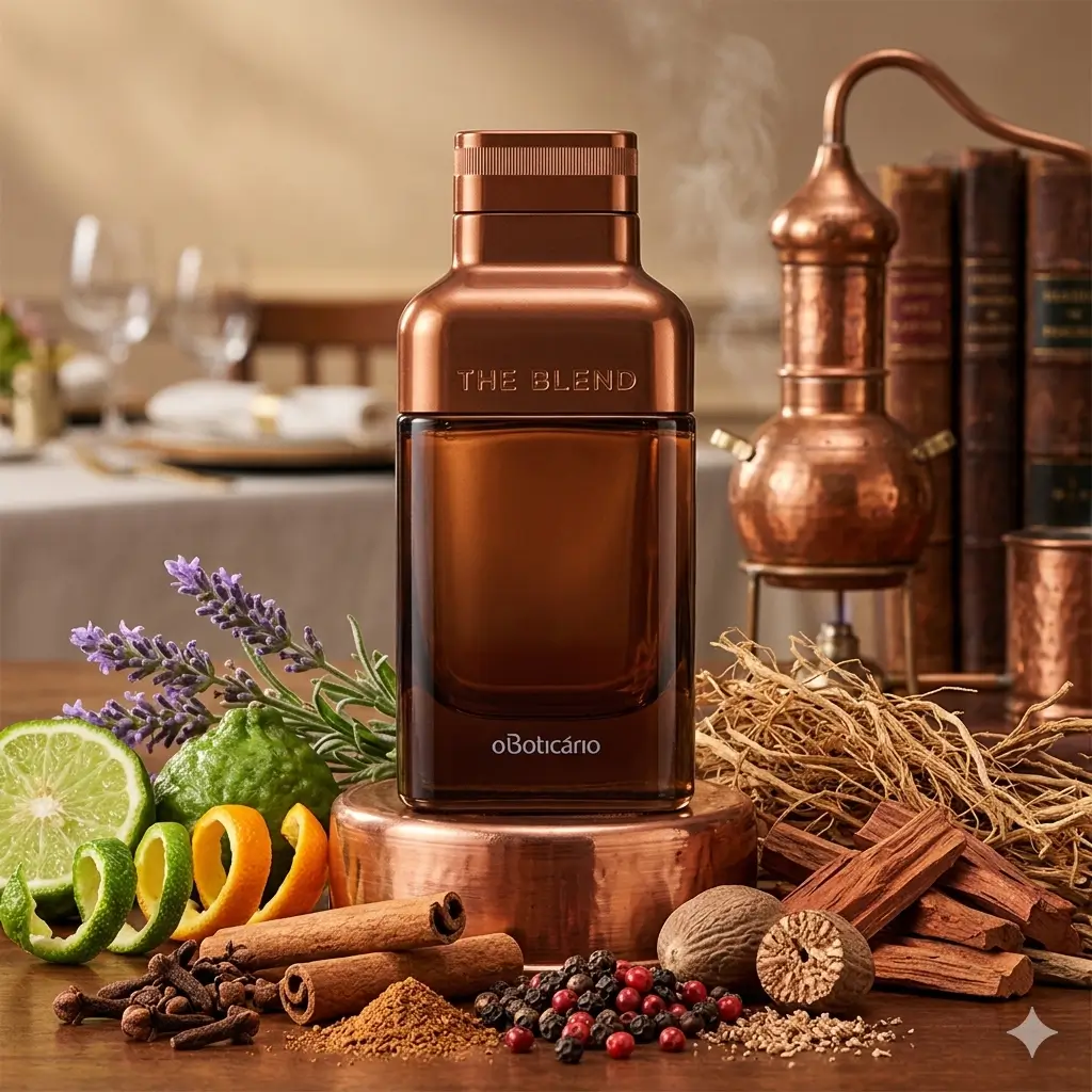 The Blend versões com destaque para o perfume The Blend de O Boticário cercado por cítricos, lavanda, especiarias e madeiras.