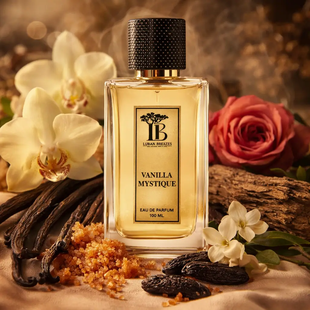 Vanilla Mystique by Luban Breezes cercado por baunilha, orquídea, jasmim, rosa, madeira e açúcar mascavo.