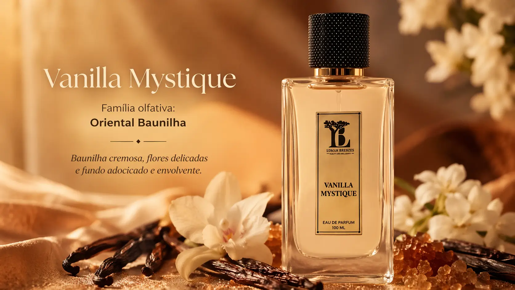 Vanilla Mystique by Luban Breezes em imagem horizontal com destaque para a família olfativa Oriental Baunilha.