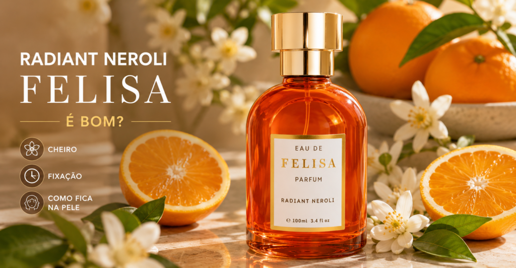 Radiant Neroli Felisa perfume unissex com laranja e flor de laranjeira em cenário iluminado destacando cheiro e fixação