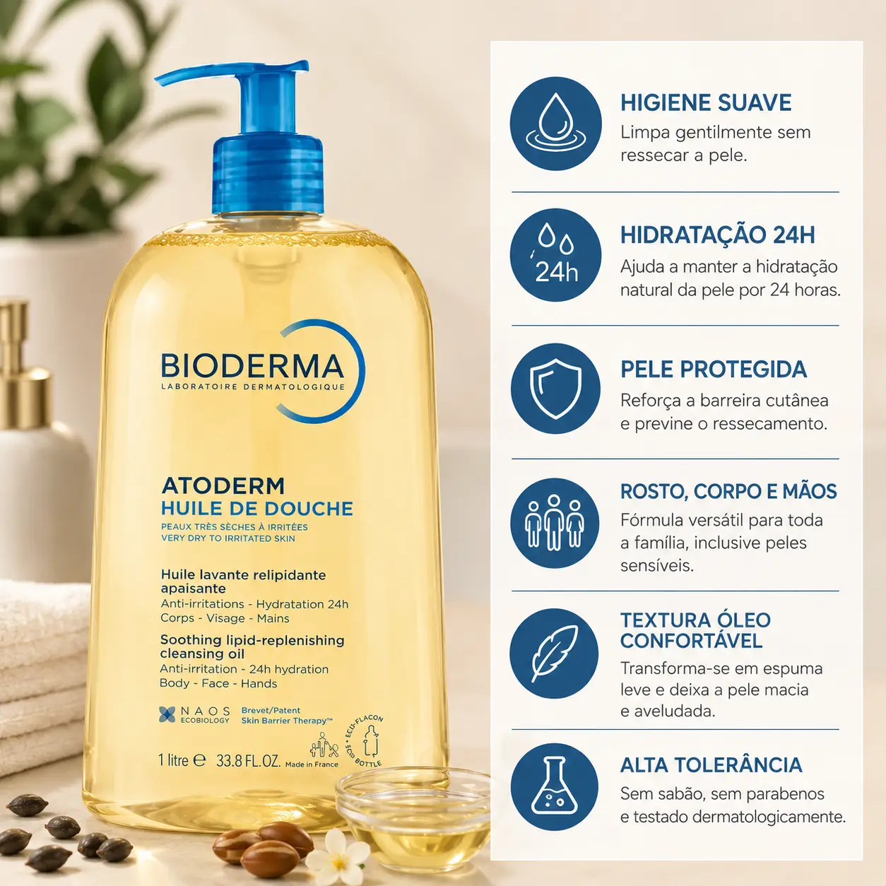 Óleo de banho hidratante Bioderma Atoderm em cenário clean com destaque para hidratação e sensação de cheiro de rica no calor