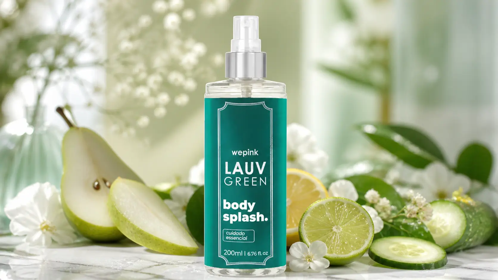 Body Splash Lauv Green da Wepink em destaque, com frasco em cenário fresco e natural, rodeado por elementos botânicos e cítricos que representam a fragrância lauv green.