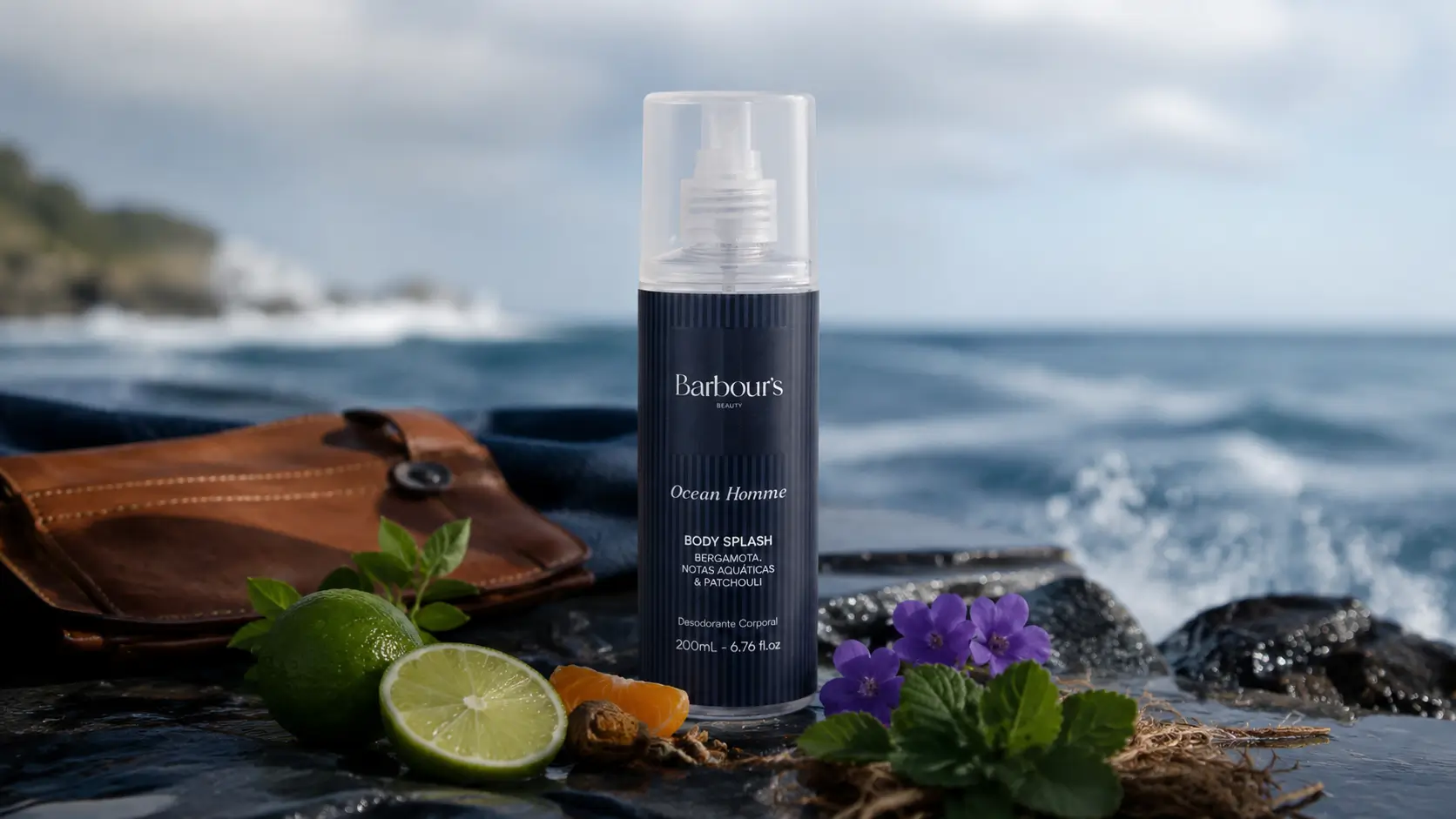 Ocean Homme Barbour’s em imagem horizontal com body splash masculino à beira-mar, cercado por limão, folhas verdes, couro e elementos frescos da fragrância.