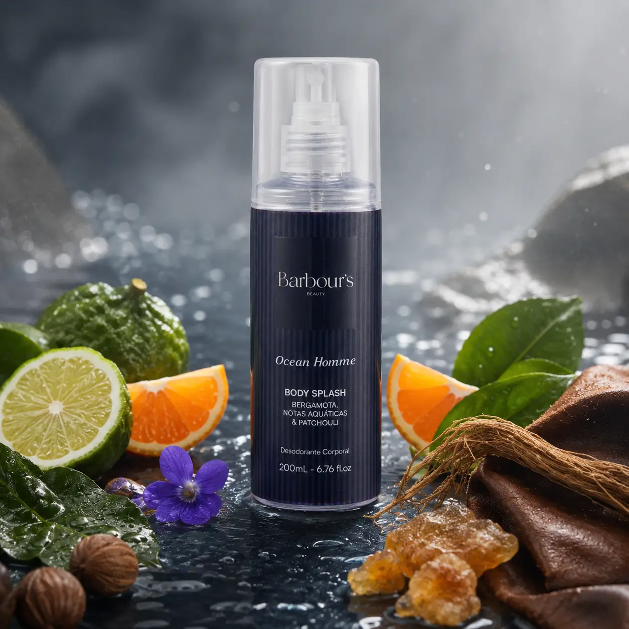 Ocean Homme Barbour’s em imagem com body splash masculino cercado por bergamota, mandarina, folhas verdes, couro, vetiver e notas aquáticas.