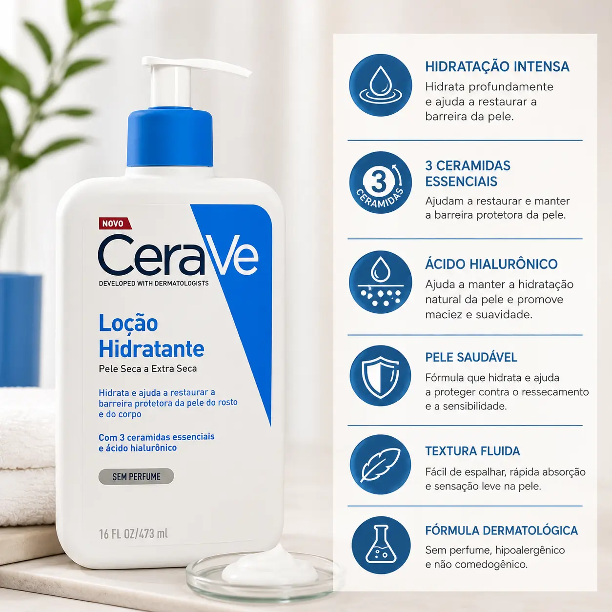 Loção hidratante CeraVe com ácido hialurônico em cenário clean, ideal para pele hidratada com cheiro de rica no calor