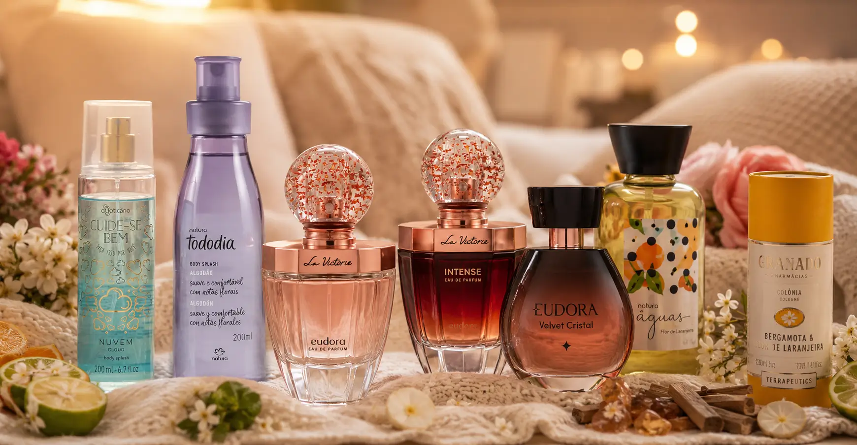 Perfumes com cheiro de abraço em cenário aconchegante com frascos de fragrâncias suaves e relaxantes para dias ansiosos