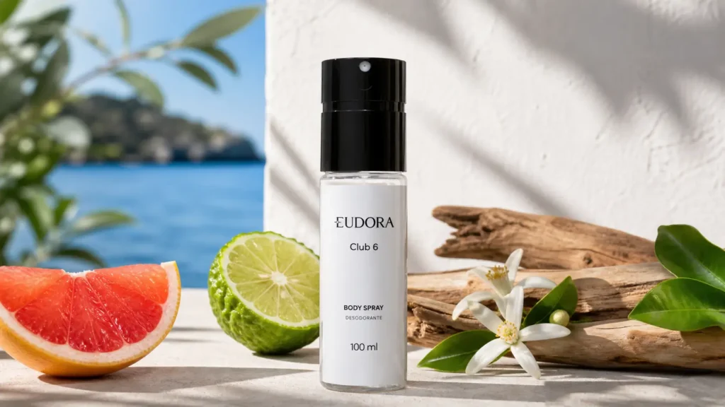 Club 6 Body Spray em imagem de destaque com frasco original, grapefruit, limão, flor branca e madeira em cenário claro.