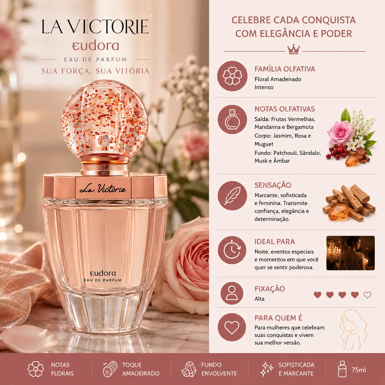 Eudora La Victorie Eau de Parfum com fragrância floral elegante e confortável, ideal para quem busca cheiro de abraço sofisticado