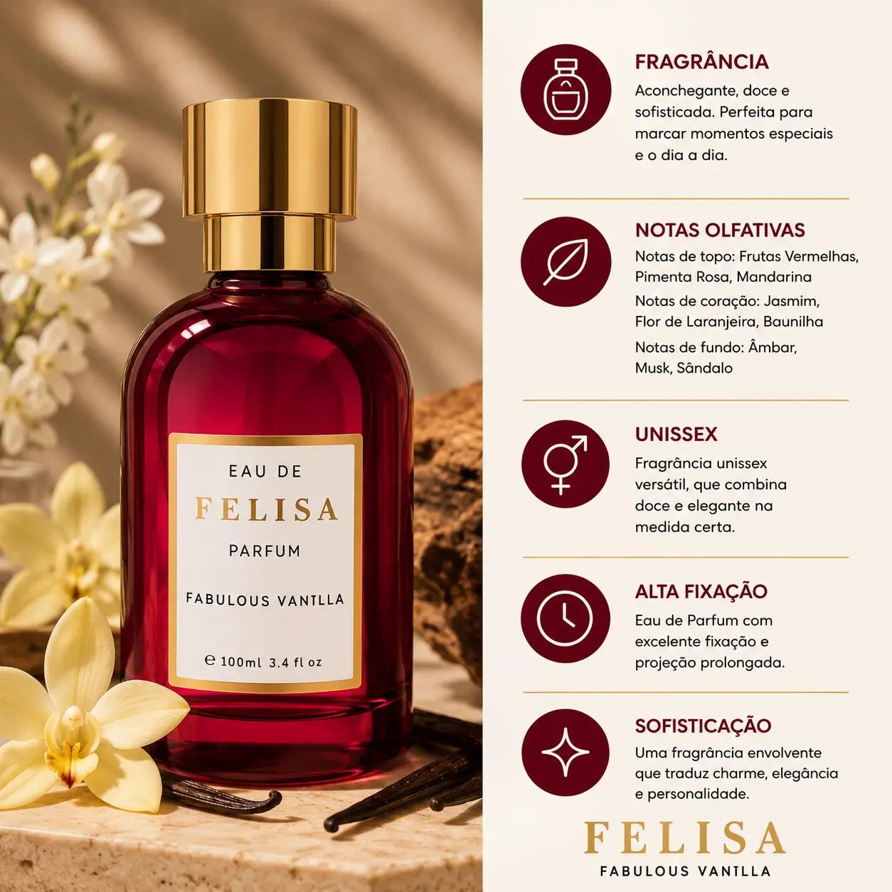 Perfume Felisa Fabulous Vanilla Eau de Parfum 100ml entre os melhores perfumes Felisa com fragrância doce e sofisticada de baunilha