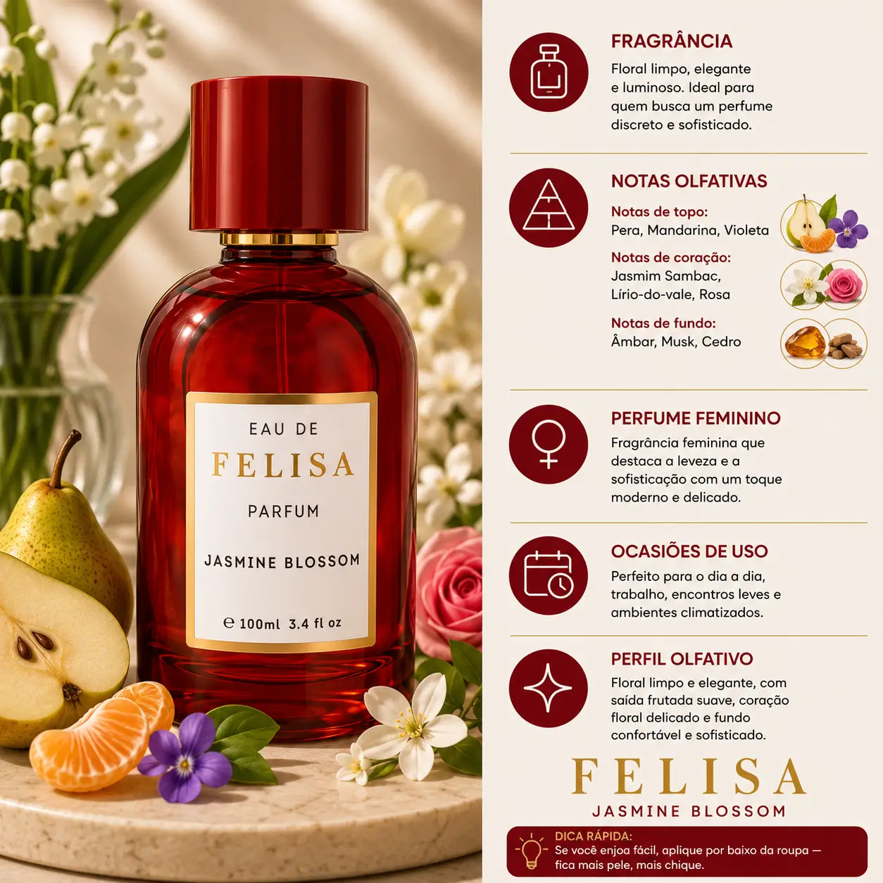 Melhores perfumes Felisa Jasmine Blossom Eau de Parfum 100ml com fragrância floral sofisticada e elegante
