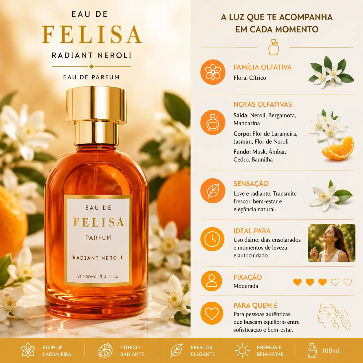 Perfume Felisa Radiant Neroli com notas de flor de laranjeira em cenário cítrico elegante, destaque entre os melhores perfumes com flor de laranjeira
