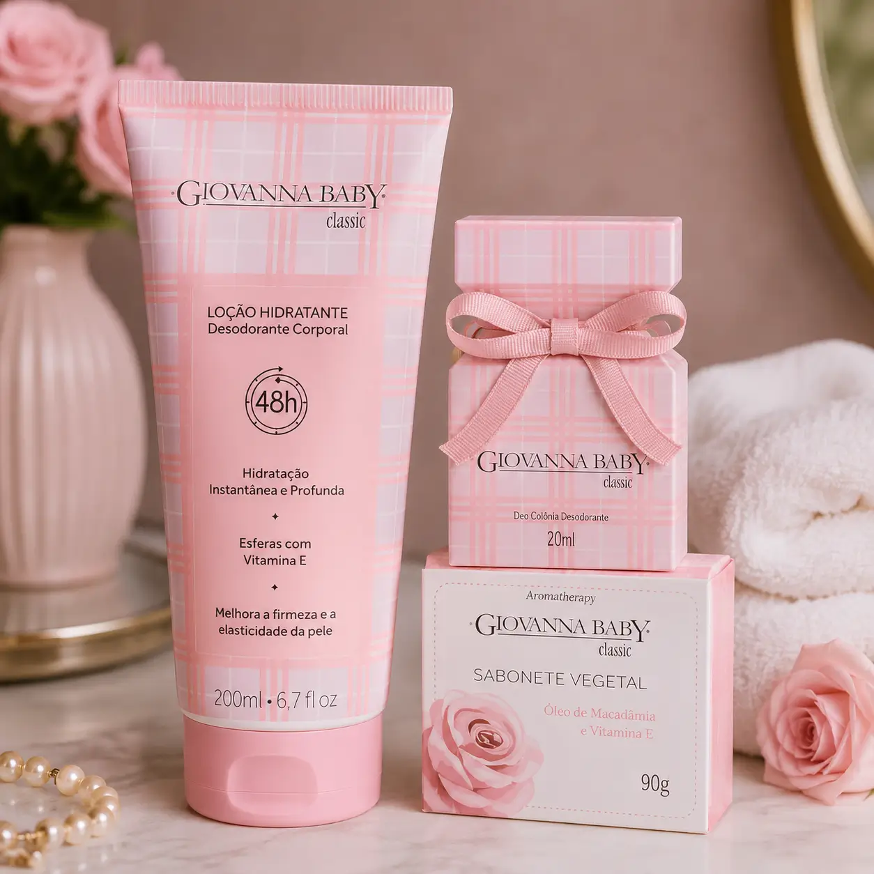 Perfume para relaxar à noite kit Giovanna Baby com loção hidratante, colônia e sabonete em cenário delicado e acolhedor