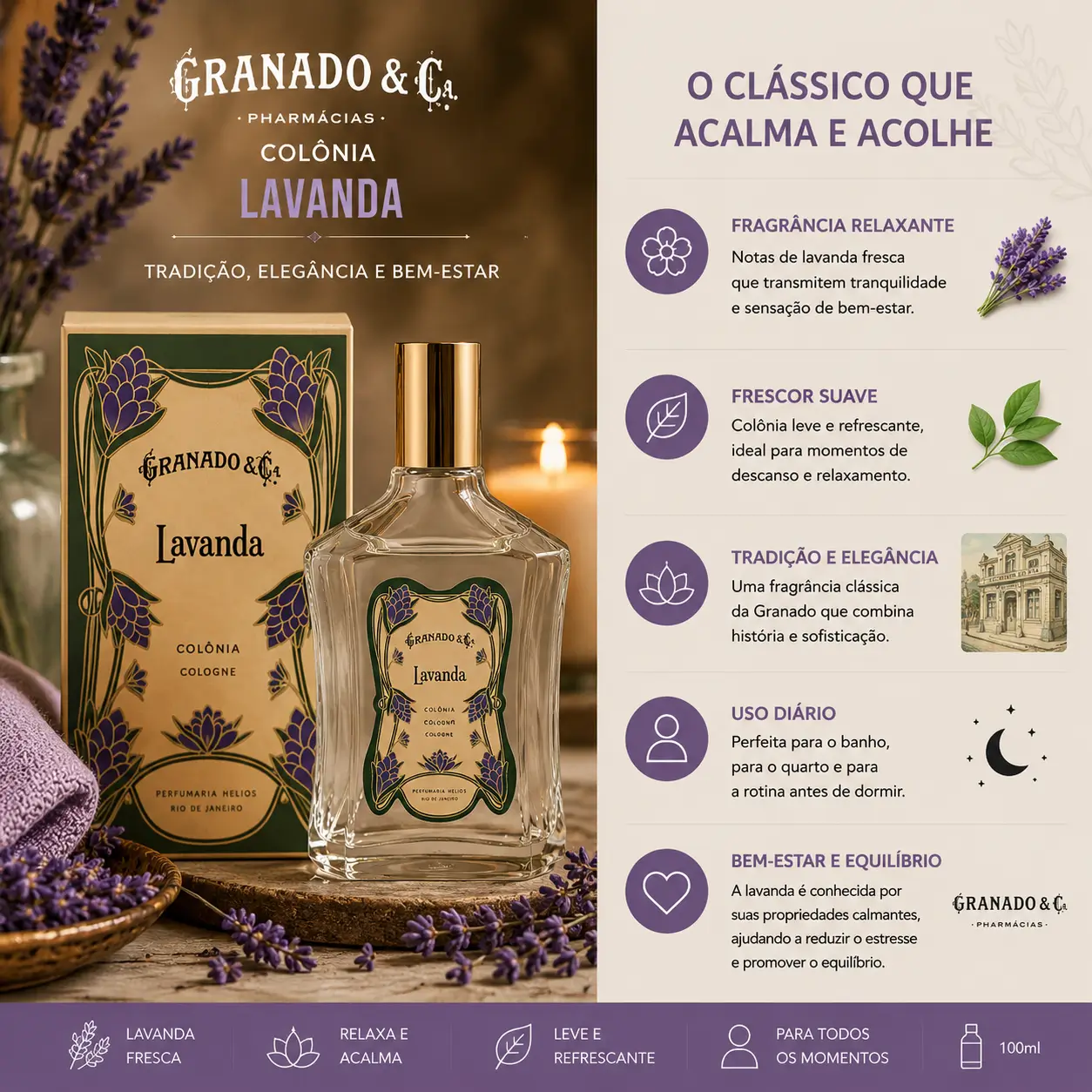 Perfume para relaxar à noite Granado Colônia Lavanda em cenário aconchegante com flores de lavanda e iluminação suave