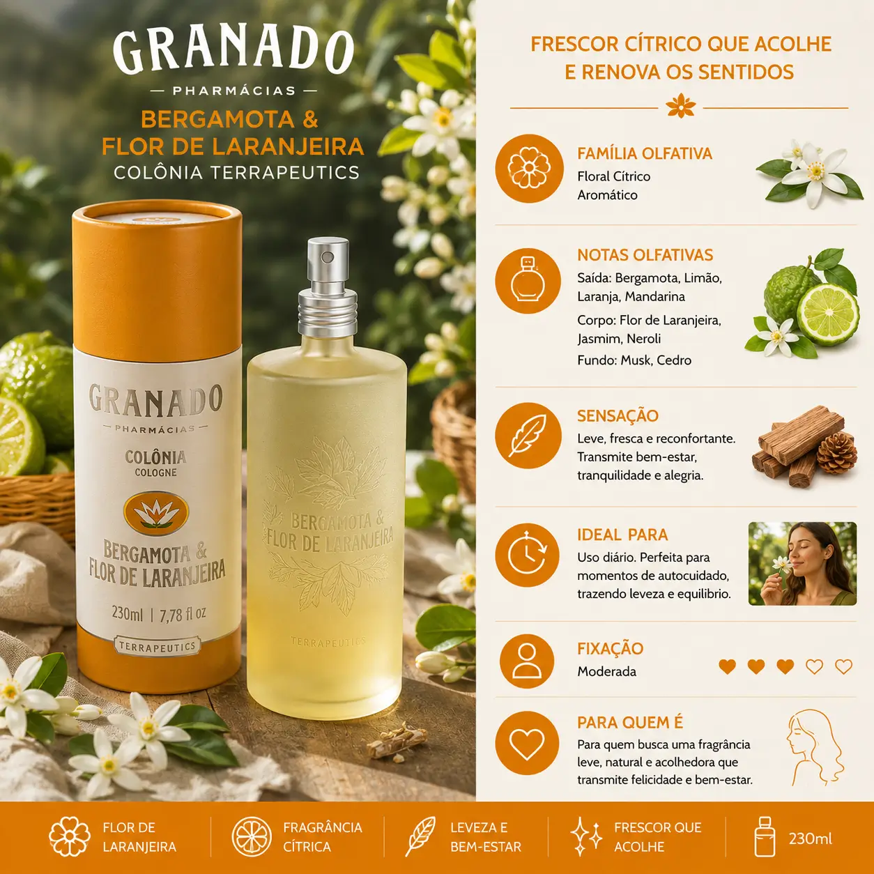 Perfume Granado Bergamota e Flor de Laranjeira em cenário com flores e frutas cítricas transmitindo cheiro de abraço leve e acolhedor