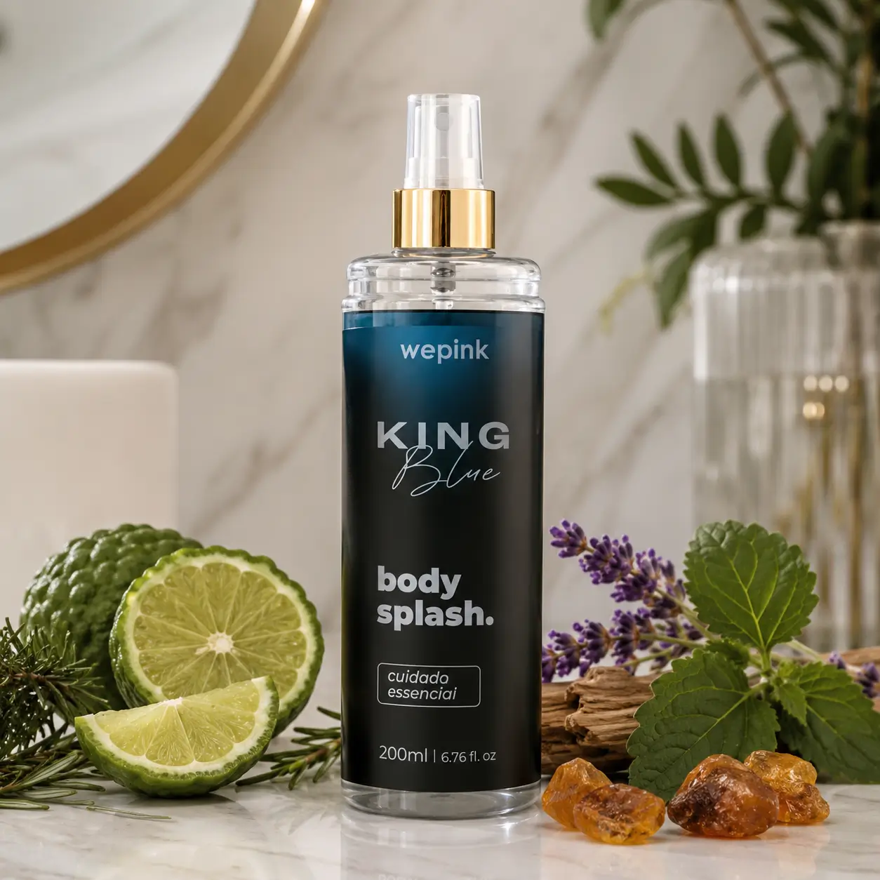 Body Splash King Blue Wepink em imagem 500x500 com frasco cercado por bergamota, lavanda, folhas verdes, âmbar e madeiras