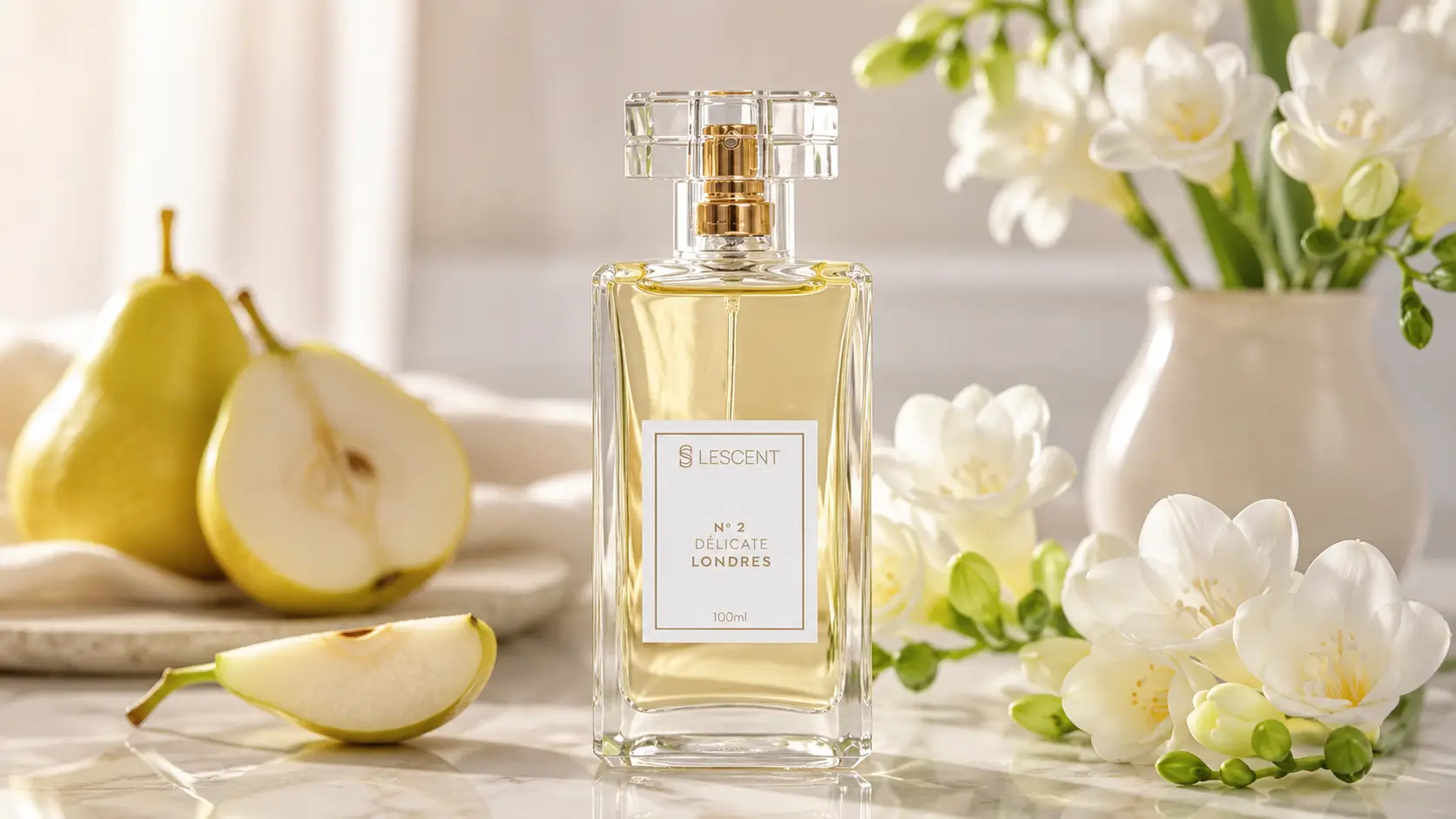 Lescent Nº 2 em imagem horizontal com frasco do perfume ao lado de pera e flores brancas, destacando seu perfil fresco, floral e elegante