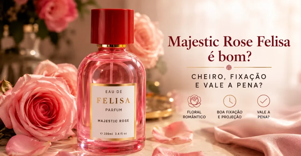 Perfume Majestic Rose Felisa em cenário com rosas delicadas, destacando fragrância floral, fixação e elegância feminina