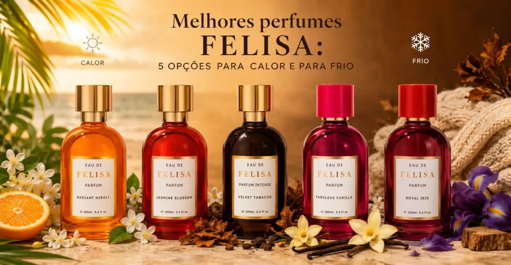 Melhores perfumes Felisa com opções para calor e frio, incluindo Radiant Neroli, Jasmine Blossom, Velvet Tobacco, Fabulous Vanilla e Royal Iris