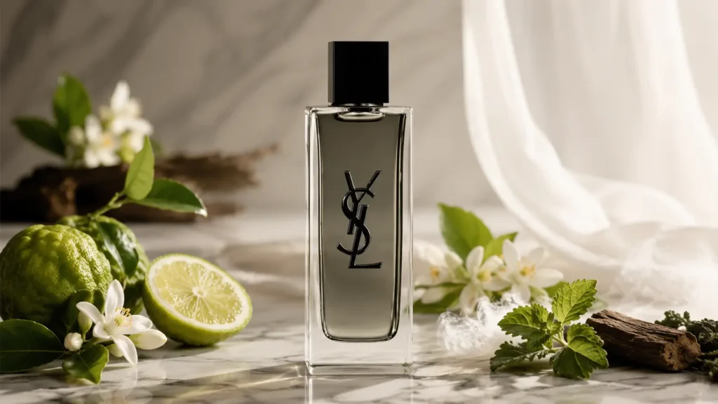 MYSLF Eau de Toilette Intense em imagem horizontal com frasco ao lado de bergamota, flor de laranjeira, patchouli e almíscar branco