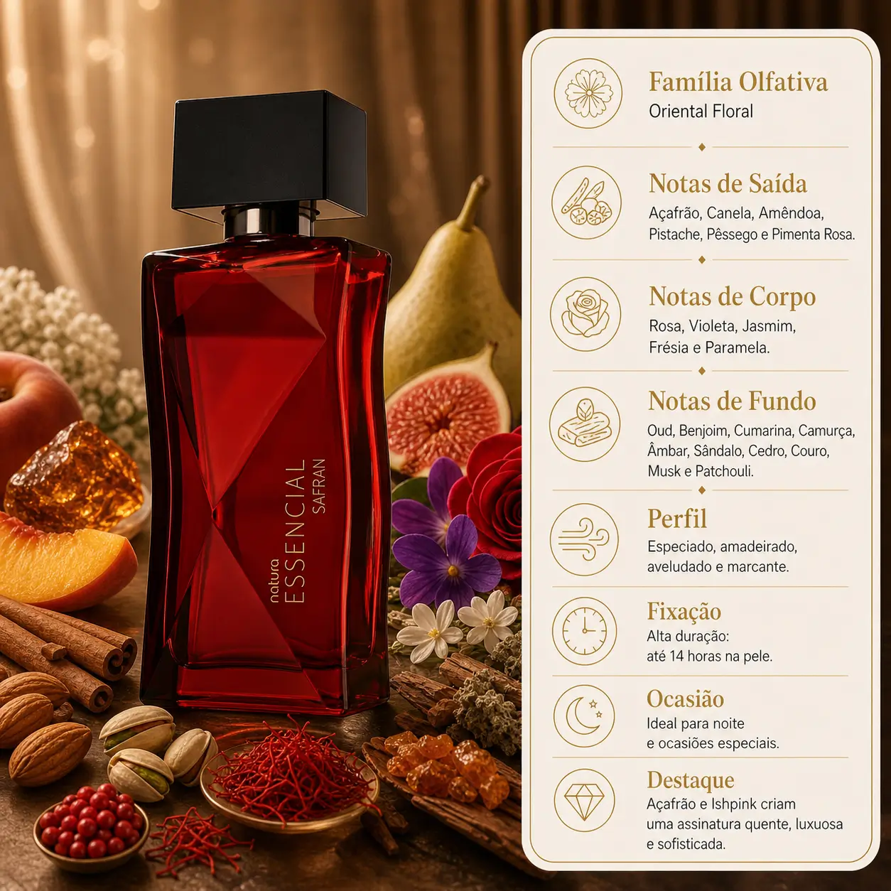Perfumes nacionais para presentear no Dia das Mães: imagem do Natura Essencial Safran Feminino com notas quentes e sofisticadas