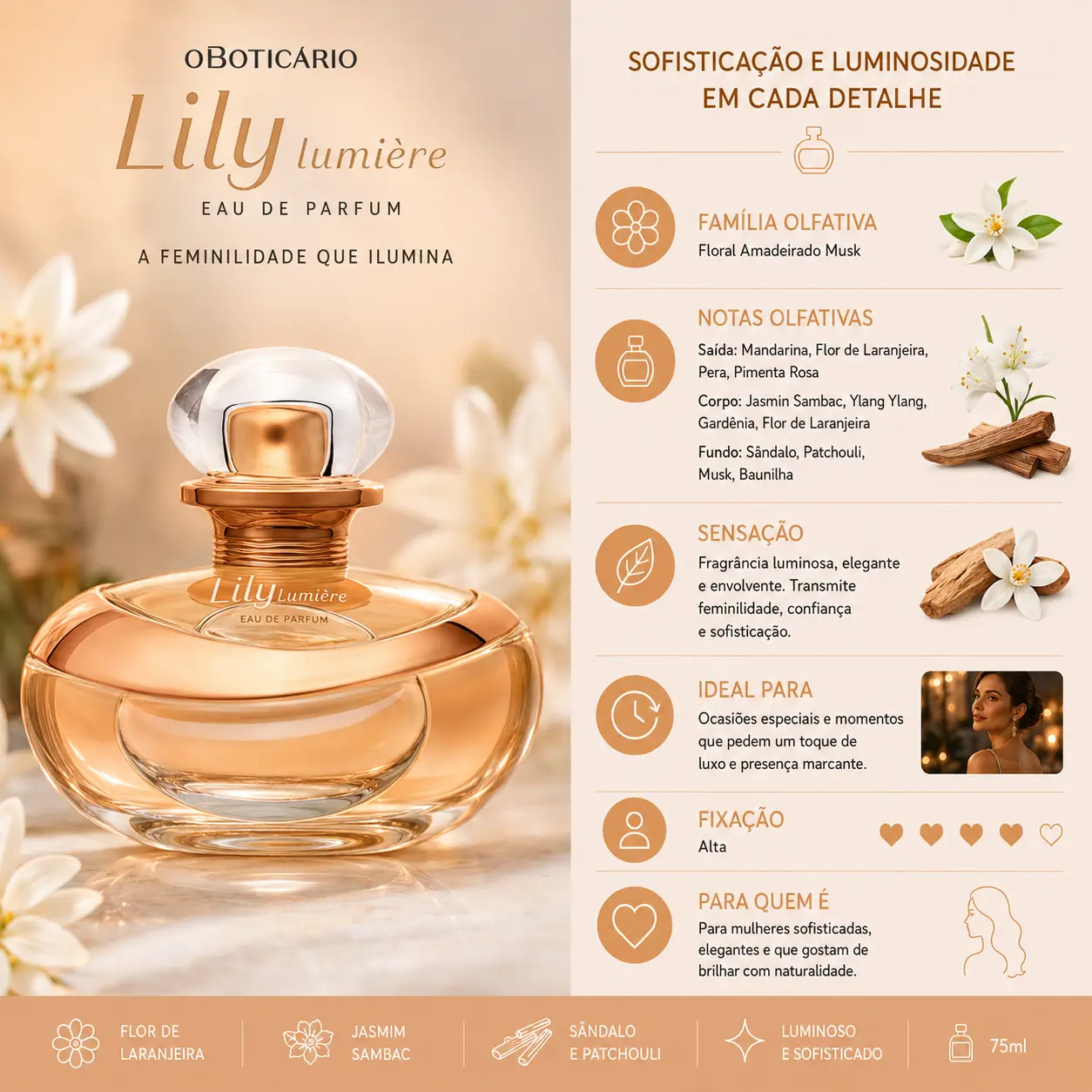 Perfume Lily Lumière O Boticário com notas de flor de laranjeira em cenário elegante, destaque entre os melhores perfumes com flor de laranjeira
