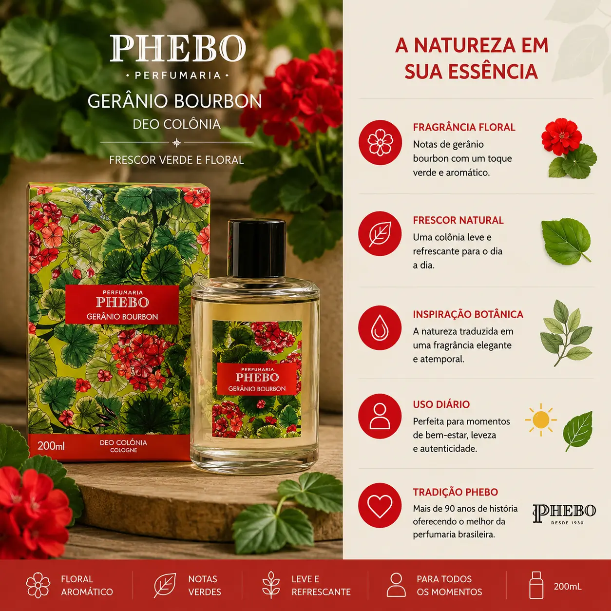 Perfume para relaxar à noite Phebo Gerânio Bourbon com fragrância floral verde em cenário natural com flores e folhas