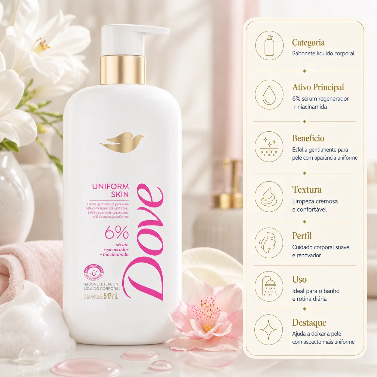 Sabonete Sérum Dove Uniform Skin em imagem com frasco em destaque, espuma, flor rosa e cenário de cuidado corporal.