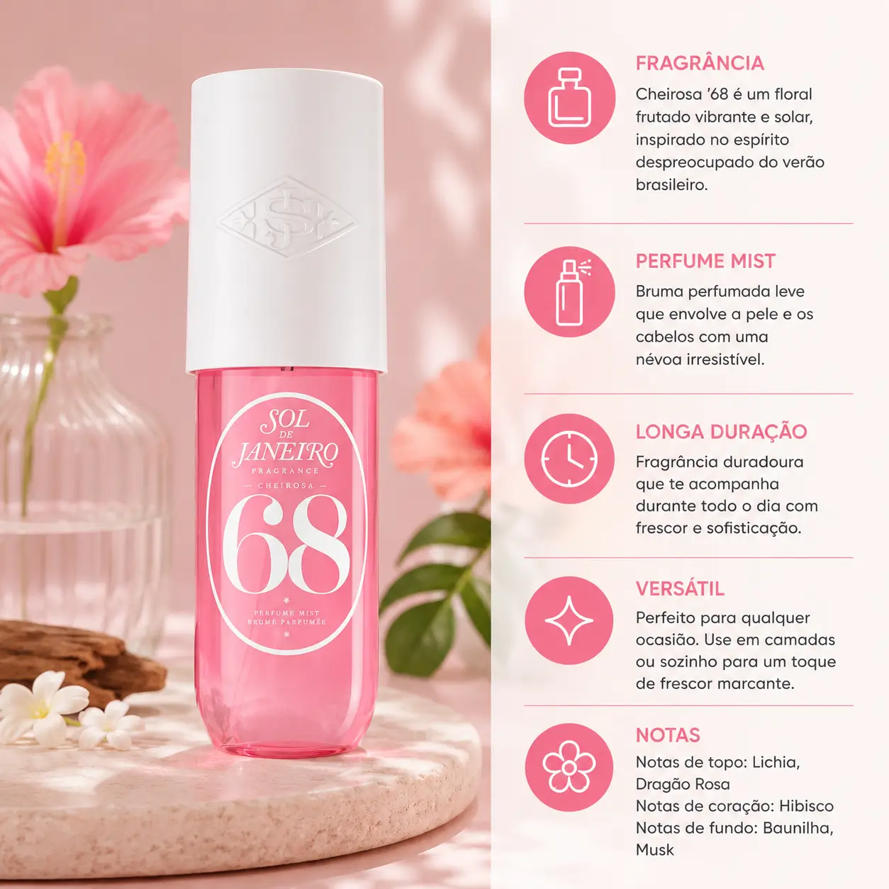 Body mist Cheirosa 68 da Sol de Janeiro em cenário floral rosado, ideal para sensação leve e cheiro de rica no calor