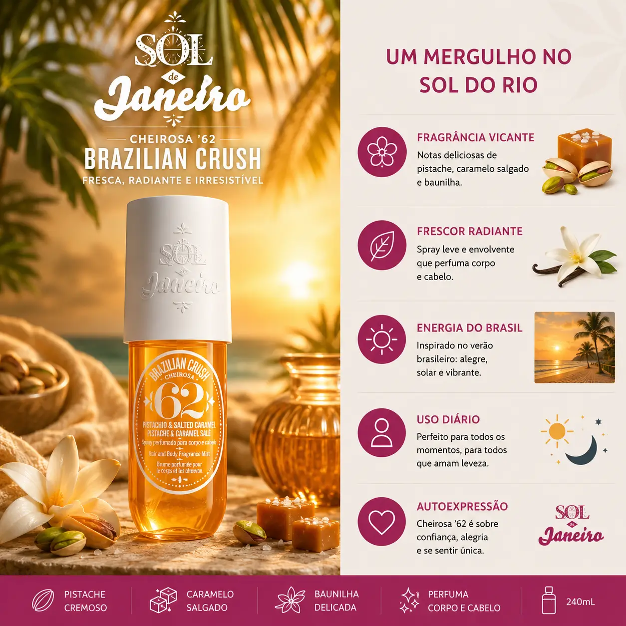 Perfume para relaxar à noite Sol de Janeiro Brazilian Crush 62 com notas de pistache e caramelo em cenário aconchegante