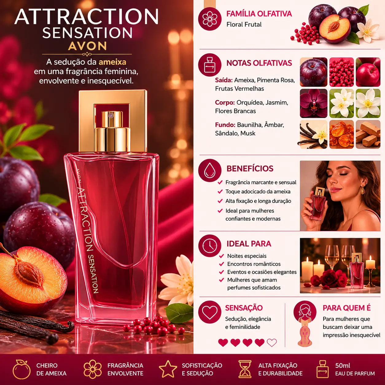Perfume Attraction Sensation Avon com destaque para notas de ameixa, apresentado em cenário sofisticado com elementos florais e frutados que remetem a perfumes com cheiro de ameixa.
