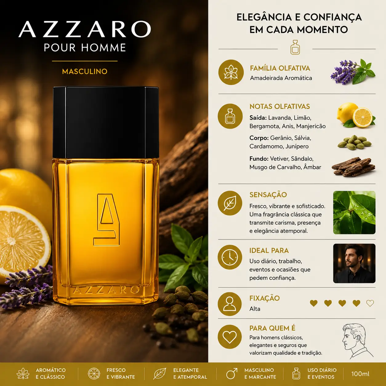 Perfume Azzaro Pour Homme masculino com notas amadeiradas e cítricas, ideal entre os perfumes masculinos para o inverno