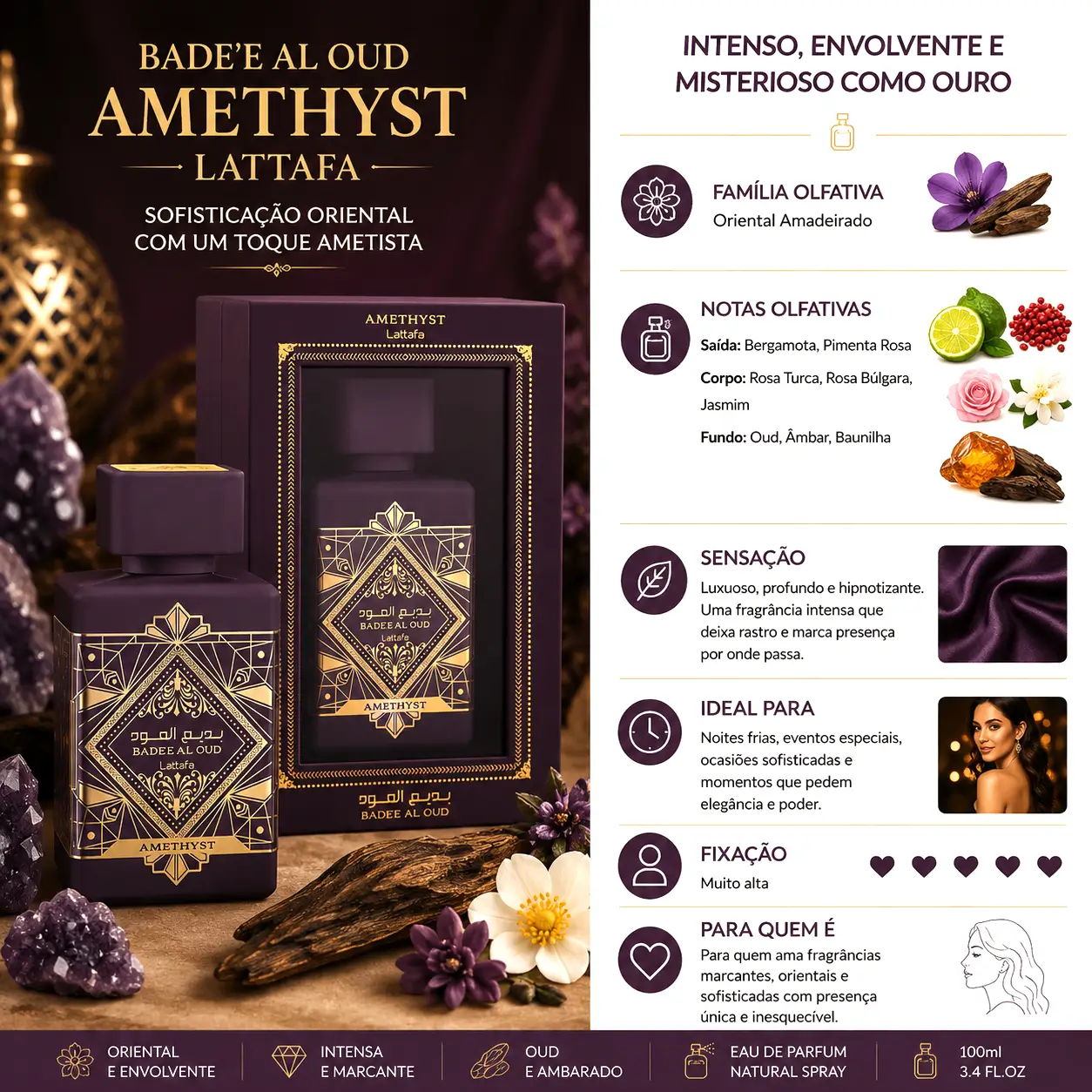 Perfume Bade’e Al Oud Amethyst Lattafa com notas intensas e sofisticadas ideal para perfumes árabes femininos para o frio