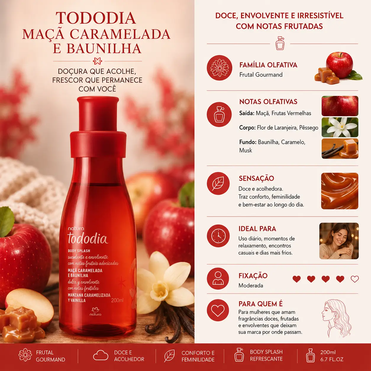 Body splash Tododia Maçã Caramelada e Baunilha da Natura com fragrância doce e envolvente