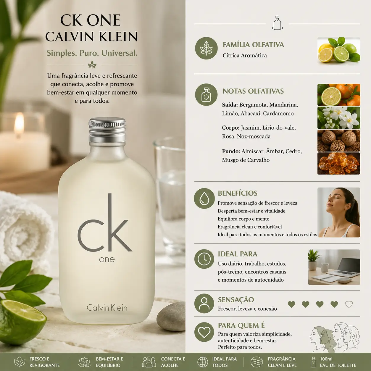 Perfume CK One Calvin Klein em cenário clean com elementos naturais representando o que são perfumes sensoriais