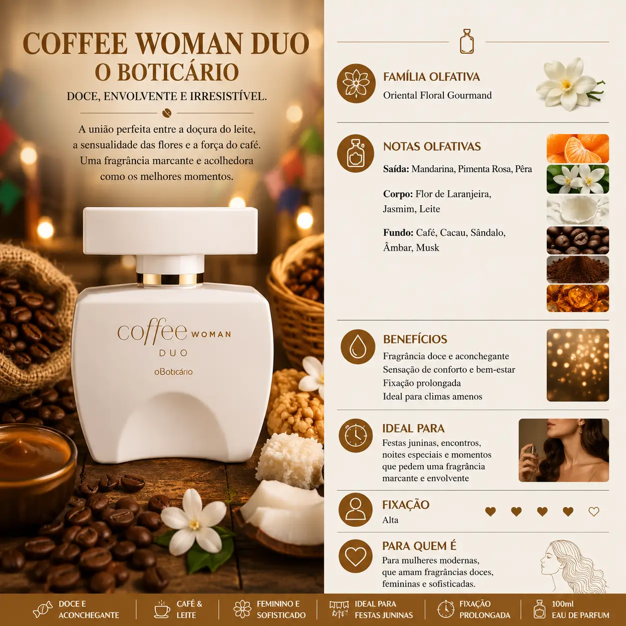 Perfume Coffee Woman Duo O Boticário em cenário aconchegante com café e doces típicos, representando perfumes que lembram festa junina
