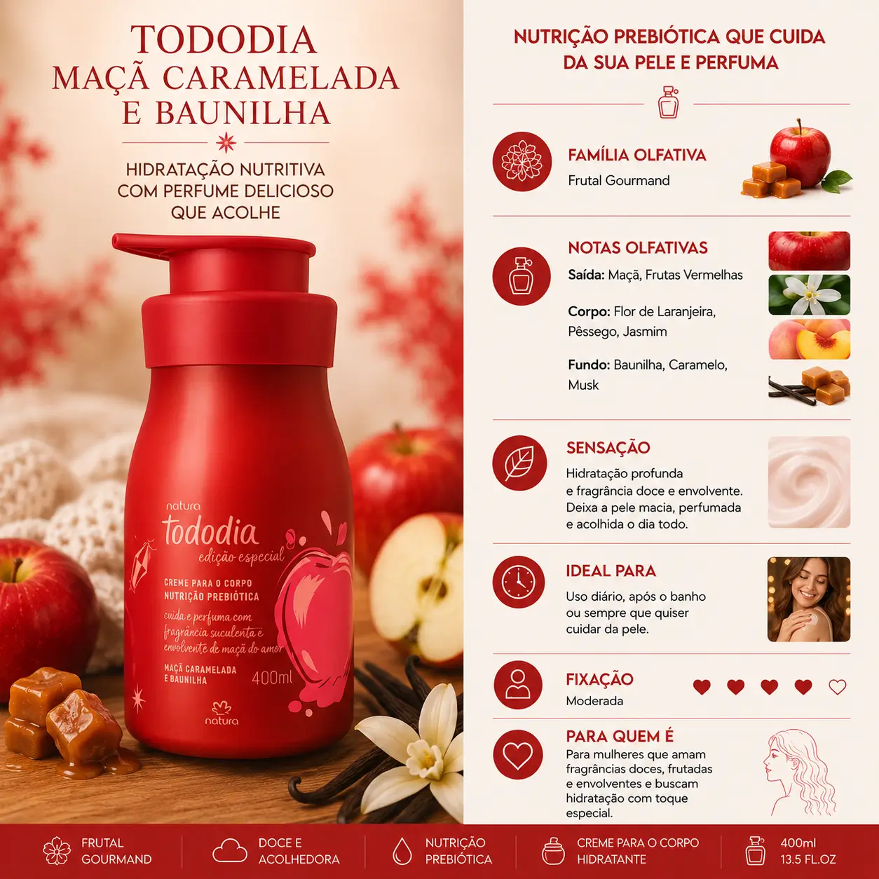 Creme hidratante Tododia Maçã Caramelada e Baunilha da Natura com fragrância doce e nutritiva