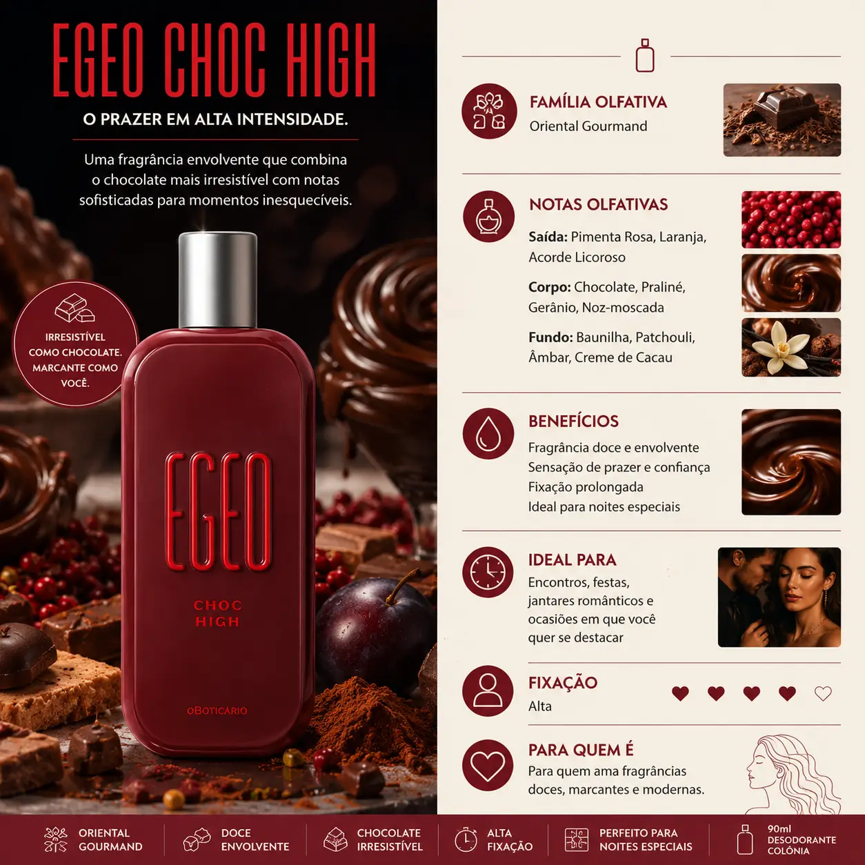 Perfume Egeo Choc High em cenário gourmand com chocolate e especiarias, inspirado em perfumes que lembram festa junina