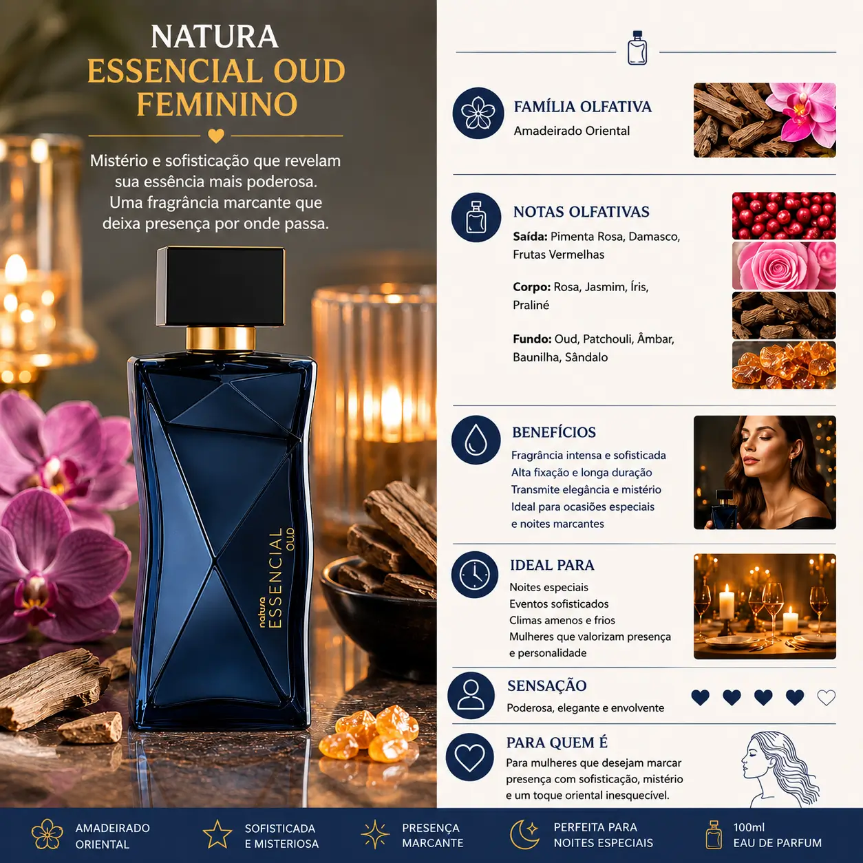 Perfume Essencial Oud feminino Natura em cenário sofisticado com velas, madeira e notas quentes, representando perfumes com cheiro de licor intensos e envolventes.