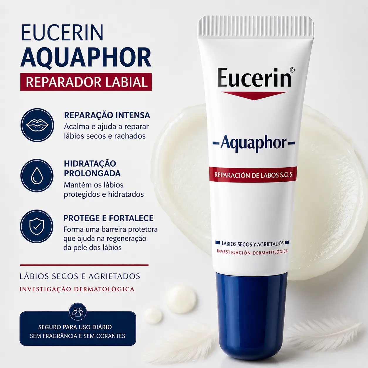Eucerin Aquaphor Reparador Labial para lábios ressecados no inverno, com hidratação intensa e proteção contra rachaduras
