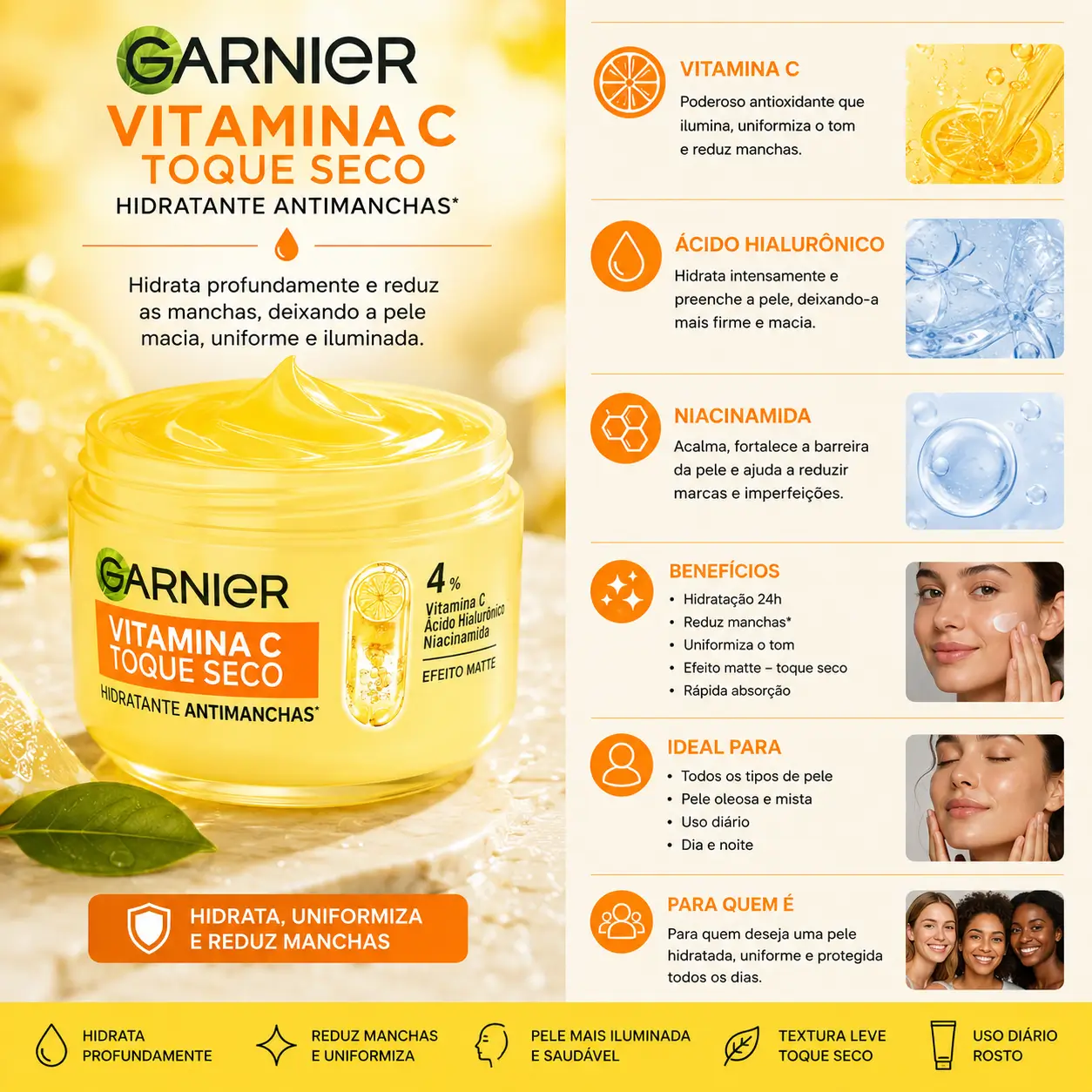 Garnier Vitamina C Toque Seco hidratante antimanchas com layout informativo sobre cuidados com a pele no inverno, destacando hidratação e uniformização da pele