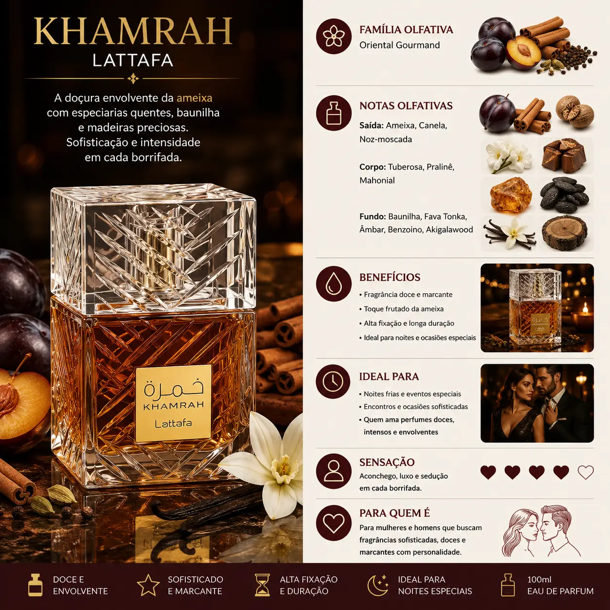 Perfume Khamrah Lattafa com ameixas maduras, baunilha e especiarias ao redor, representando fragrância doce, intensa e sofisticada com cheiro de ameixa.