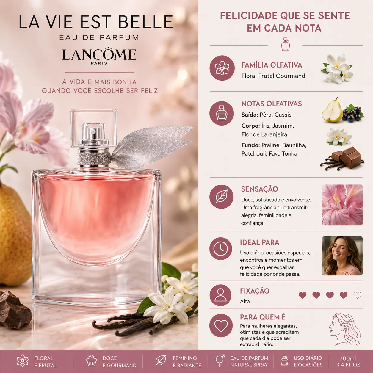 Perfume La Vie Est Belle EDP Lancôme em cenário elegante com flores e notas doces, ideal para perfumes femininos elegantes para o frio