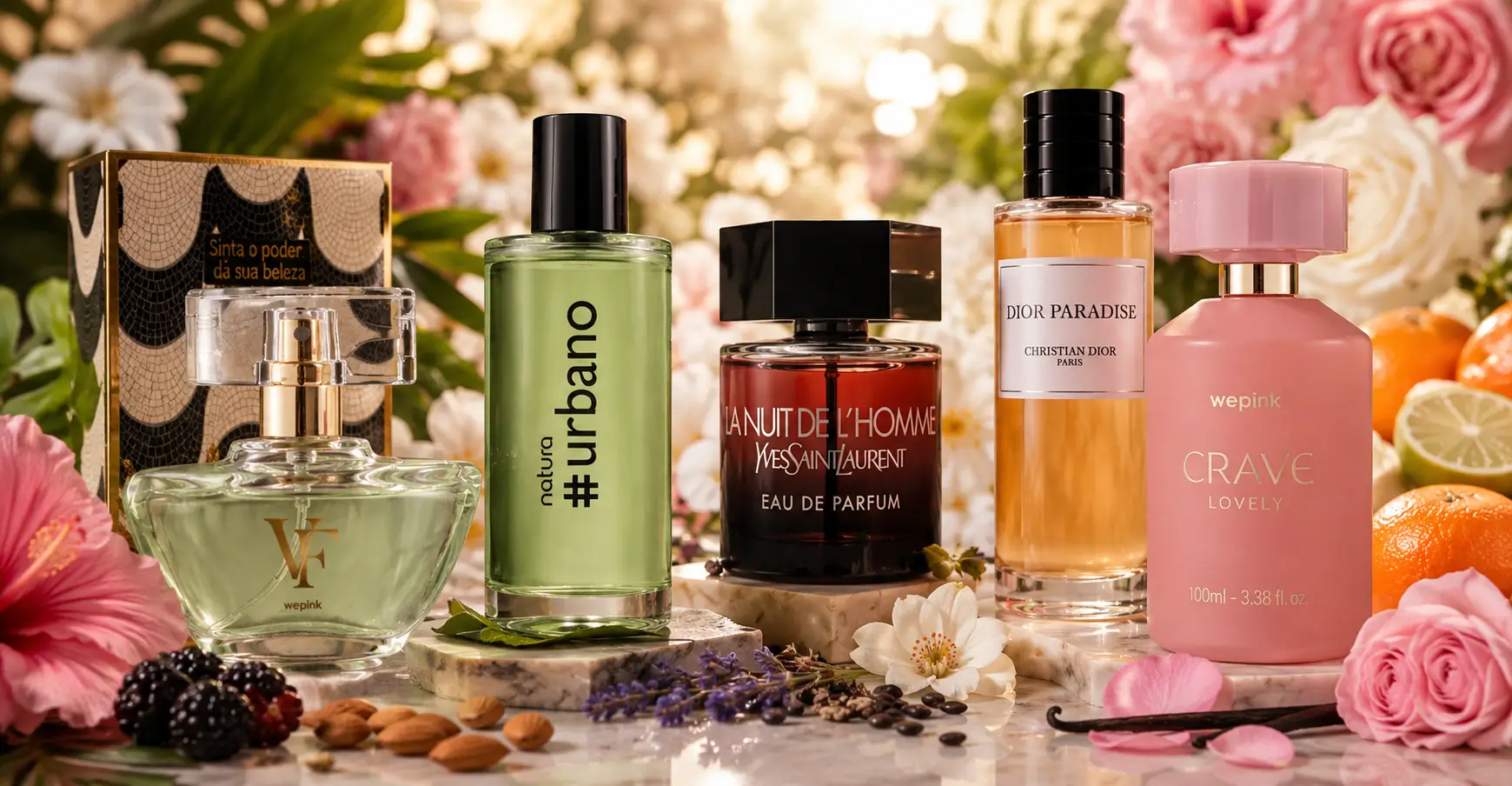 Lançamento de perfumes em maio com frascos de marcas nacionais e importadas em cenário sofisticado com flores e frutas