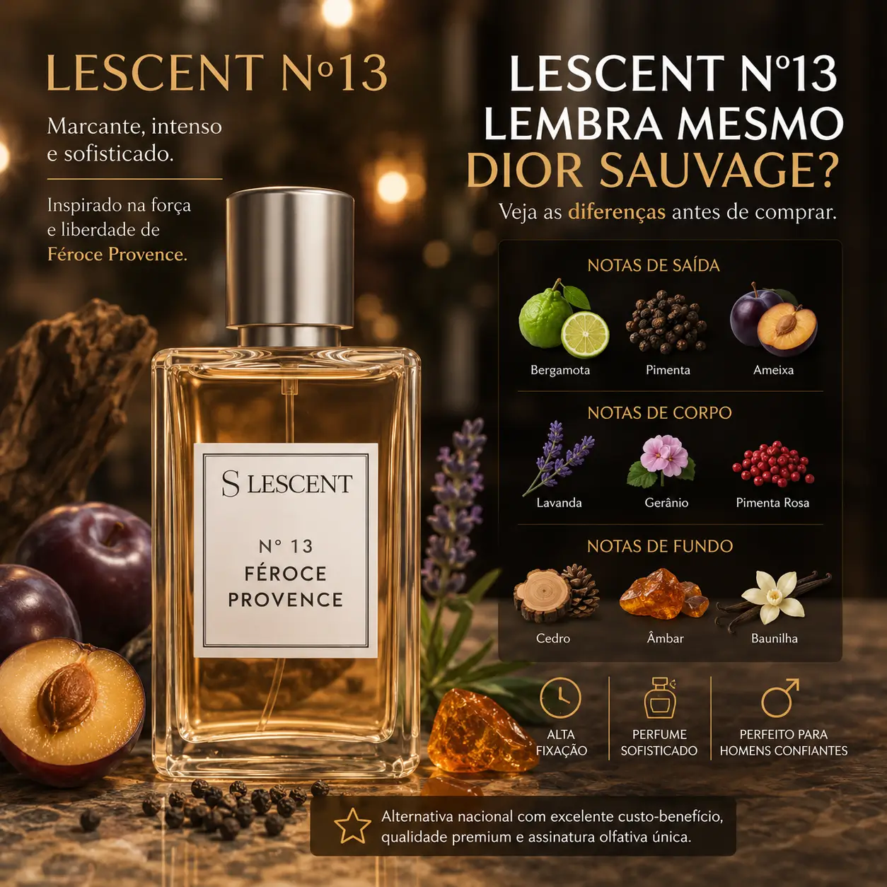 Perfume Lescent Nº13 em frasco elegante com notas de ameixa, lavanda e especiarias, inspirado no estilo do Dior Sauvage.