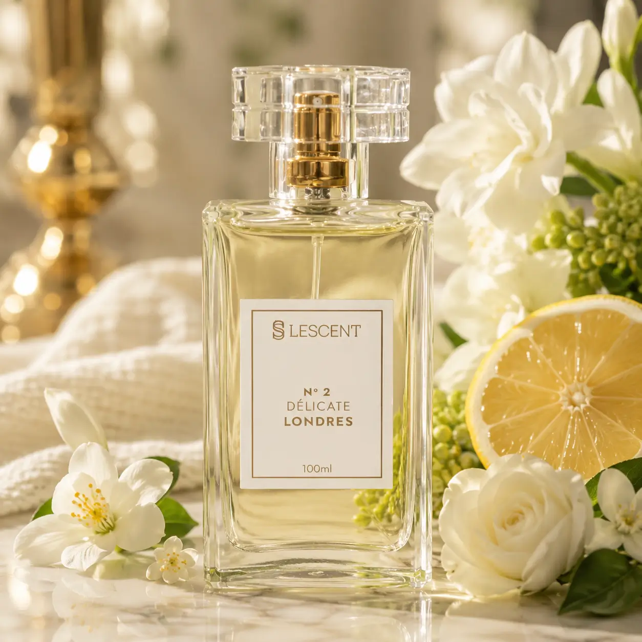 Perfume Lescent Nº2 Delicate Londres em frasco elegante com notas florais e cítricas em cenário sofisticado.